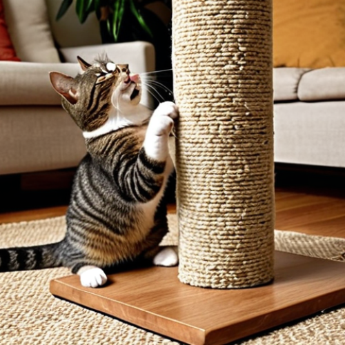** A happy tabby cat scratching a sturdy sisal scratching post, with catnip scattered around it. The background is a cozy living room.

**