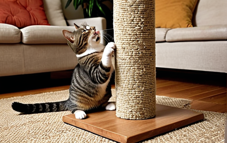 ** A happy tabby cat scratching a sturdy sisal scratching post, with catnip scattered around it. The background is a cozy living room.
**