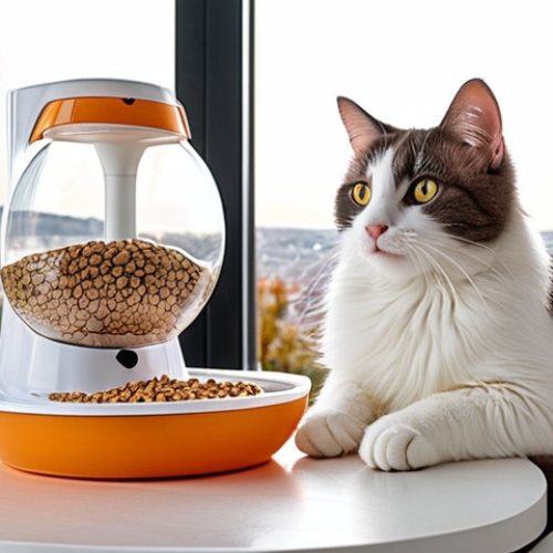 **

A happy, healthy-looking Turkish cat (like a Turkish Van or Angora) contentedly eating from a modern automatic pet feeder. The setting is a bright, comfortable home interior, perhaps with a glimpse of Istanbul in the background. Focus on the cat's well-being and the convenience of the feeder.

**