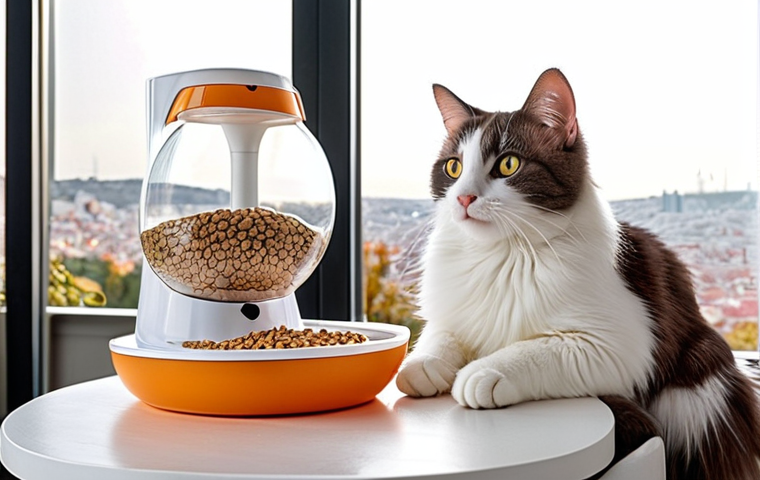 **
A happy, healthy-looking Turkish cat (like a Turkish Van or Angora) contentedly eating from a modern automatic pet feeder. The setting is a bright, comfortable home interior, perhaps with a glimpse of Istanbul in the background. Focus on the cat's well-being and the convenience of the feeder.
**