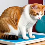 **

A slightly overweight Turkish Van cat being examined by a veterinarian in a bright, modern vet clinic. The vet is gently palpating the cat's ribs. Focus on the vet's caring expression and the cat's calm demeanor. Include a scale in the background and a chart indicating a slightly elevated weight. The setting suggests a routine check-up and preventative care.

**