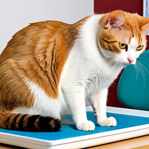 **

A slightly overweight Turkish Van cat being examined by a veterinarian in a bright, modern vet clinic. The vet is gently palpating the cat's ribs. Focus on the vet's caring expression and the cat's calm demeanor. Include a scale in the background and a chart indicating a slightly elevated weight. The setting suggests a routine check-up and preventative care.

**