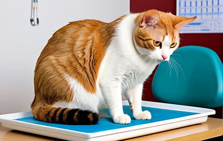**

A slightly overweight Turkish Van cat being examined by a veterinarian in a bright, modern vet clinic. The vet is gently palpating the cat's ribs. Focus on the vet's caring expression and the cat's calm demeanor. Include a scale in the background and a chart indicating a slightly elevated weight. The setting suggests a routine check-up and preventative care.

**